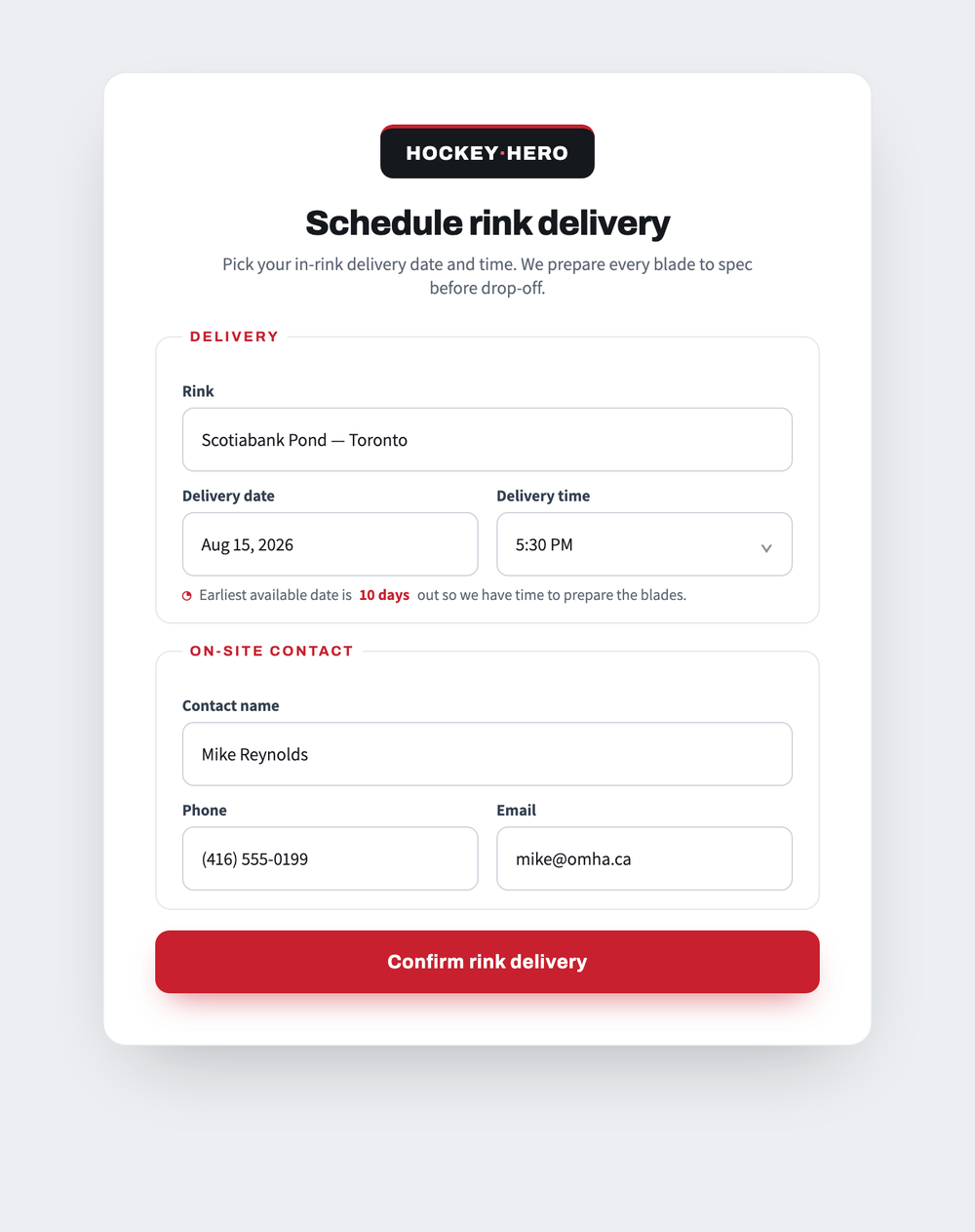 Schedule rink delivery